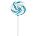 Blue and White Whirly Pop with a custom full color label